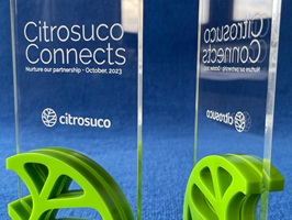 Foto zeigt zwei Acrylglas Awards. Beide Awards haben im unteren Bereich beidseitig ein Blätter-Logo aus durchgefärbtem hellgrünen Acrylglas aufgeklebt. Die Platte in der Mitte ist aus farblosem Acrylglas. Auf das farblose Acrylglas wurde der Text "Citrosuco Connects - Nurture our partnership - October 2023" und das Firmenlogo von Citrosuco lasergraviert.