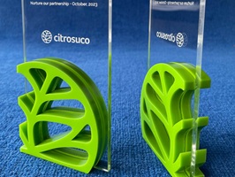Foto zeigt zwei Acrylglas Awards. Beide Awards haben im unteren Bereich beidseitig ein Blätter-Logo aus durchgefärbtem hellgrünen Acrylglas aufgeklebt. Die Platte in der Mitte ist aus farblosem Acrylglas. Auf das farblose Acrylglas wurde der Text "Citrosuco Connects - Nurture our partnership - October 2023" und das Firmenlogo von Citrosuco lasergraviert.